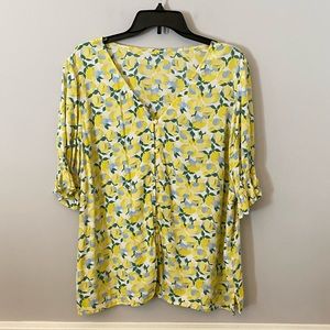 Loft yellow floral looking pattern v neck rayon short sleeve shirt. L/XL